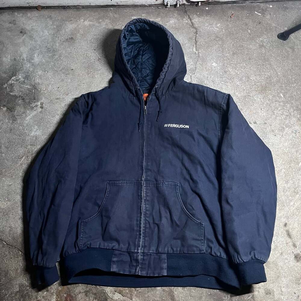 Navy Blue  Lined Canvas Workwear Hooded Jacket with Ferguson Logo XL